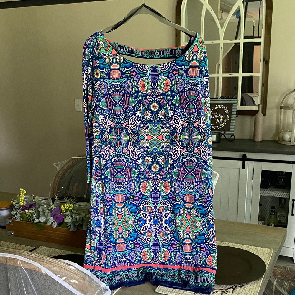 Laundry By Shelli Segal Blue and Pink Patterned Dress